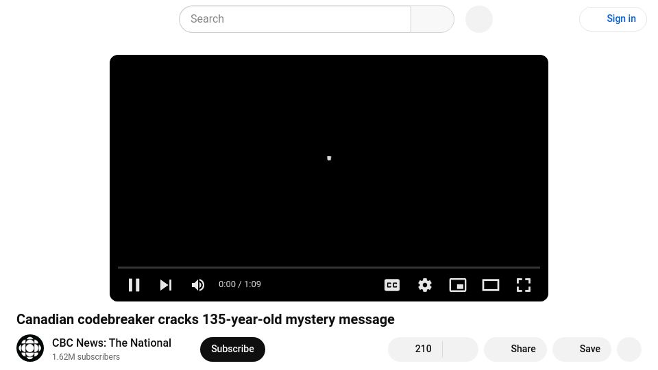 Screenshot of youtube.com: Codebreaker Cracks 135 Year Old Message [video]