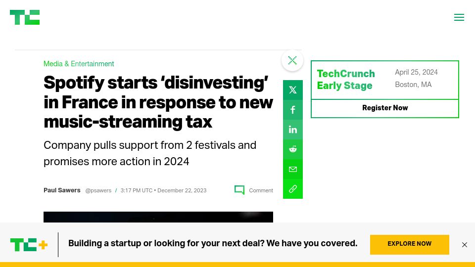 Screenshot of techcrunch.com: Spotify starts divesting from France in response to new music-streaming tax