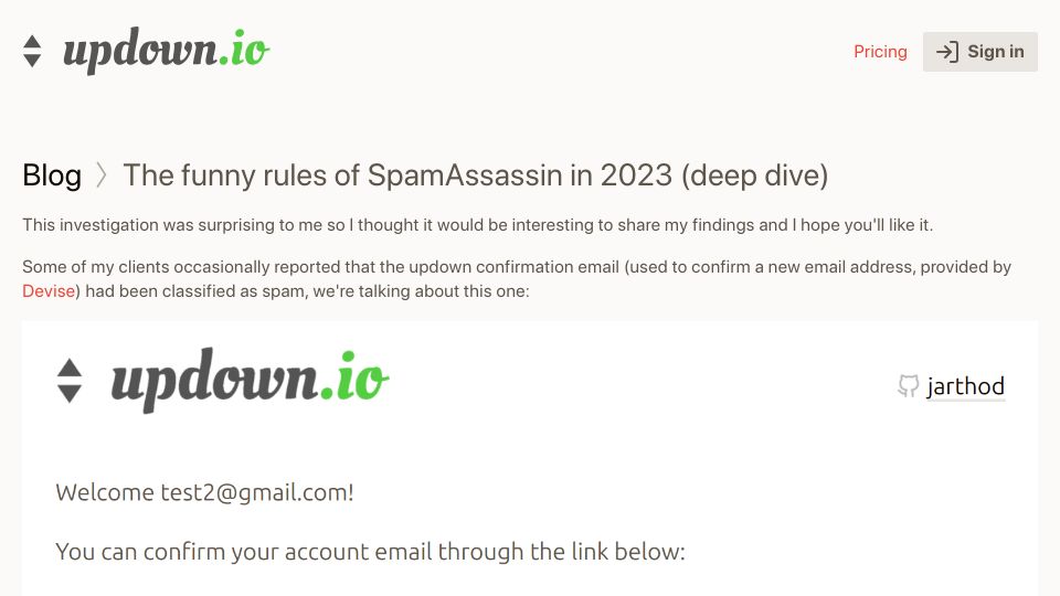 Screenshot of updown.io: The funny rules of SpamAssassin in 2023