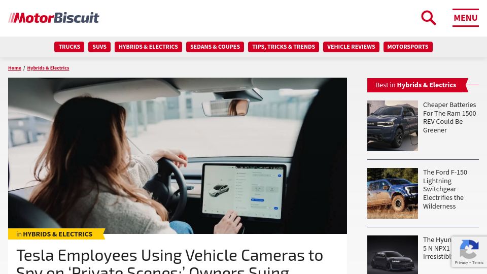 Screenshot of motorbiscuit.com: Tesla Employees Using Vehicle Cameras to Spy on 'Private Scenes;' Owners Suing (2023)