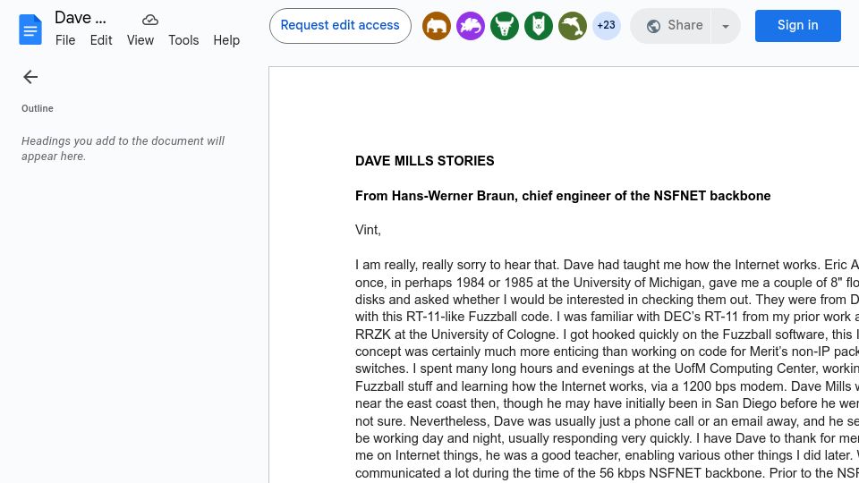 Screenshot of docs.google.com: Vint Cerf is accumulating Dave Mills stories