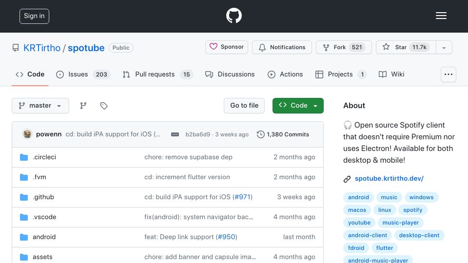 Screenshot of github.com: Spotube: Open-source Spotify-Youtube client