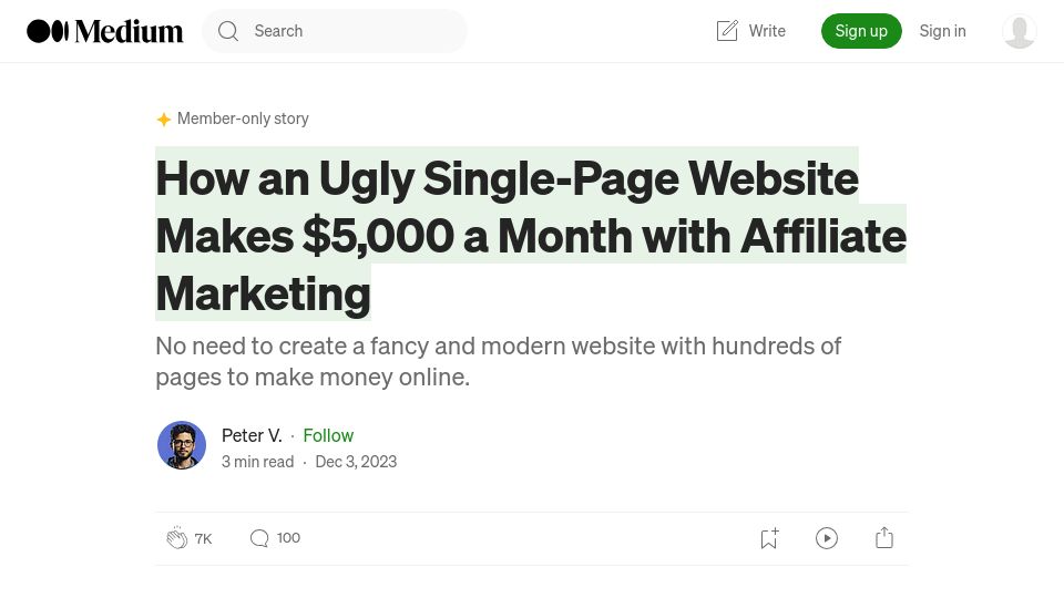 Screenshot of medium.com: Diskprices.com makes $5k/month with affiliate marketing