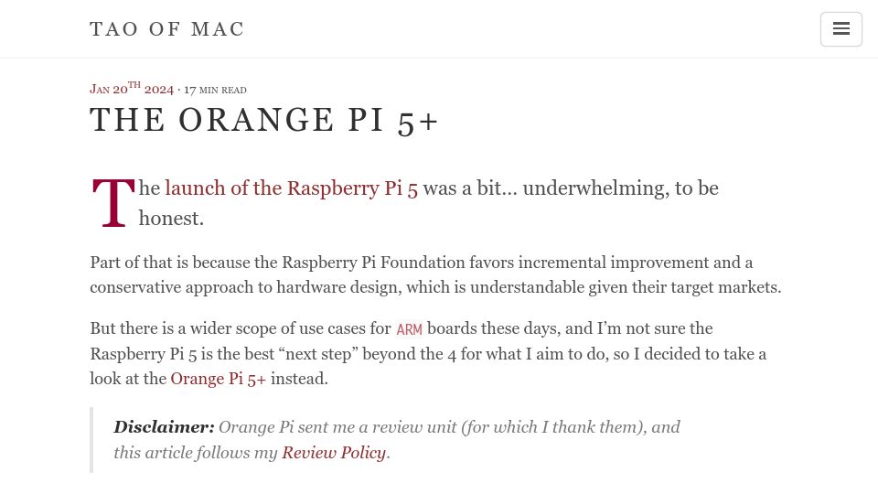 Screenshot of taoofmac.com: The Orange Pi 5 Plus