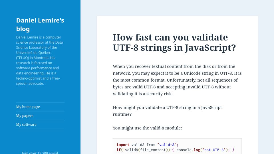 Screenshot of lemire.me: How fast can you validate UTF-8 strings in JavaScript?