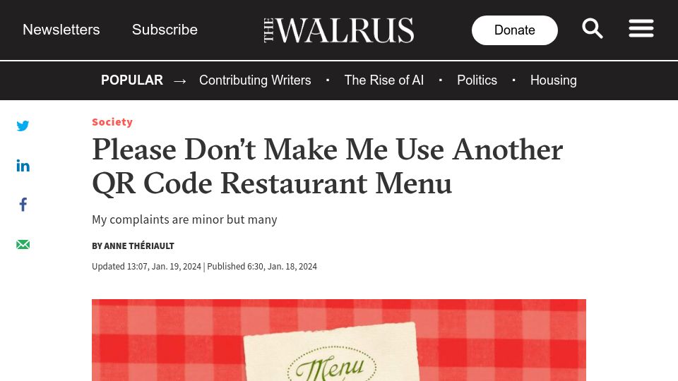 Screenshot of thewalrus.ca: Please don't make me use another QR code restaurant menu