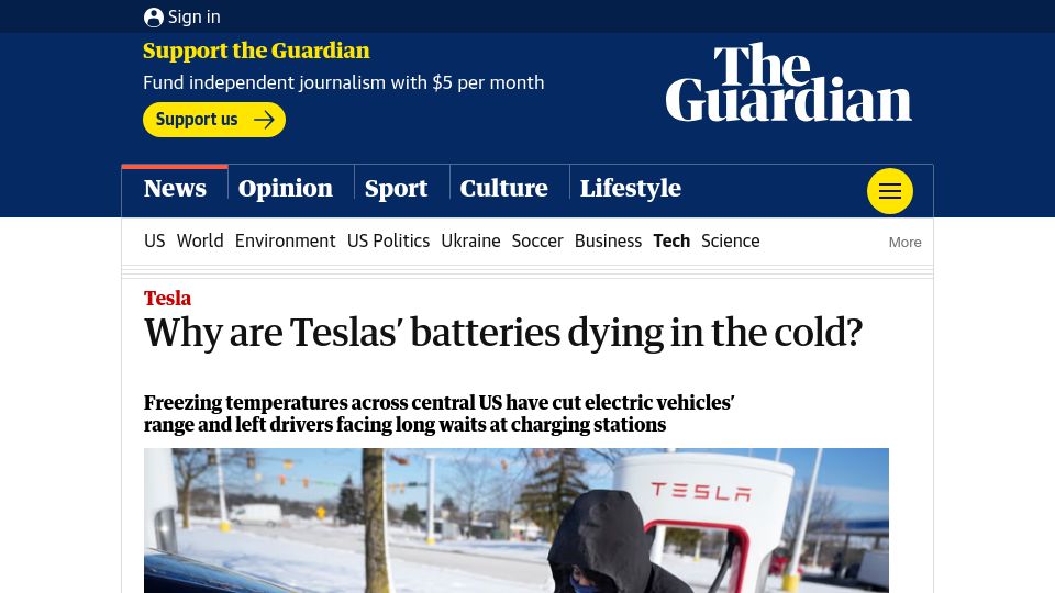 Screenshot of theguardian.com: Why are Teslas' batteries dying in the cold?
