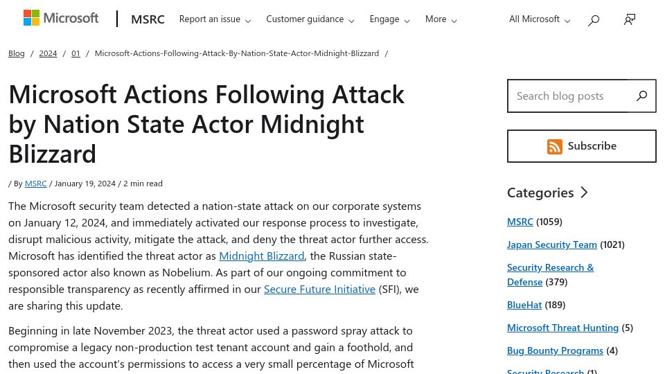 Screenshot of msrc.microsoft.com: Microsoft actions following attack by nation state actor Midnight Blizzard