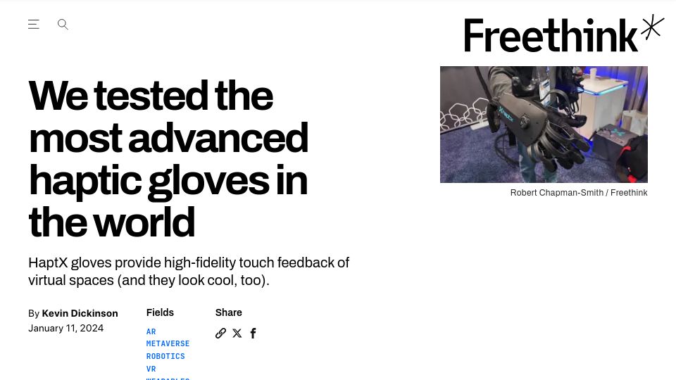 Screenshot of freethink.com: HaptX gloves provide high-fidelity touch feedback of virtual spaces