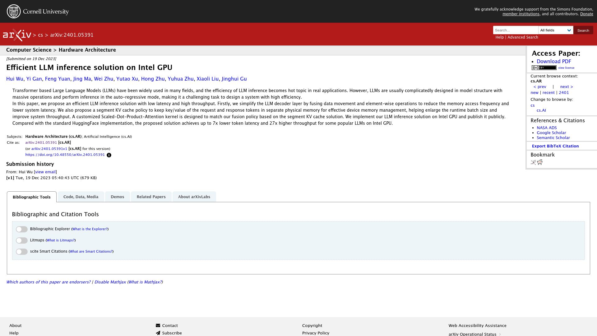 Screenshot of arxiv.org: Efficient LLM inference solution on Intel GPU