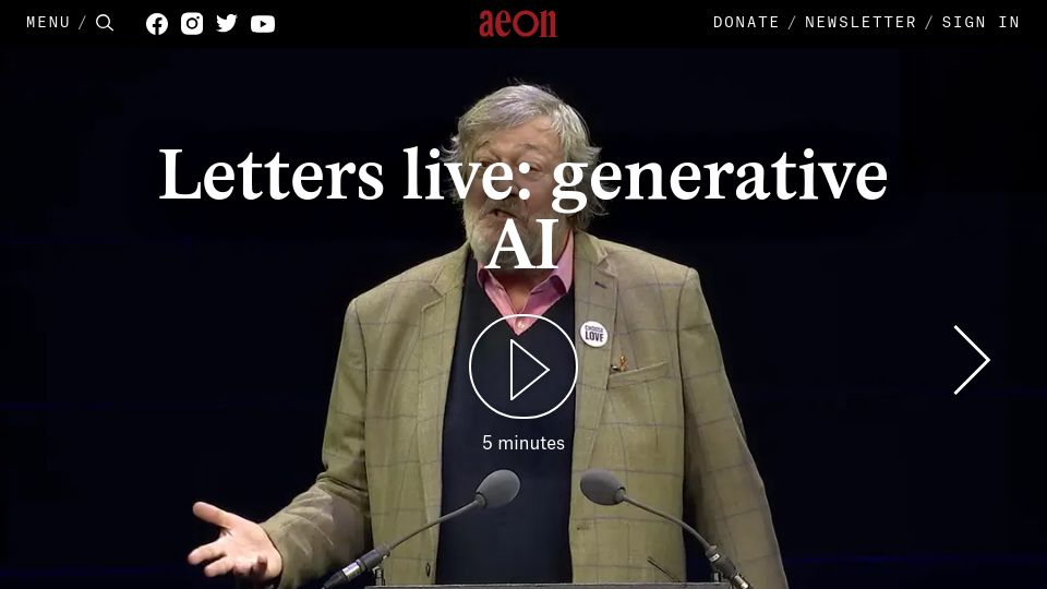 Screenshot of aeon.co: Why strive? Stephen Fry reads Nick Cave's letter on the threat of AI [video]