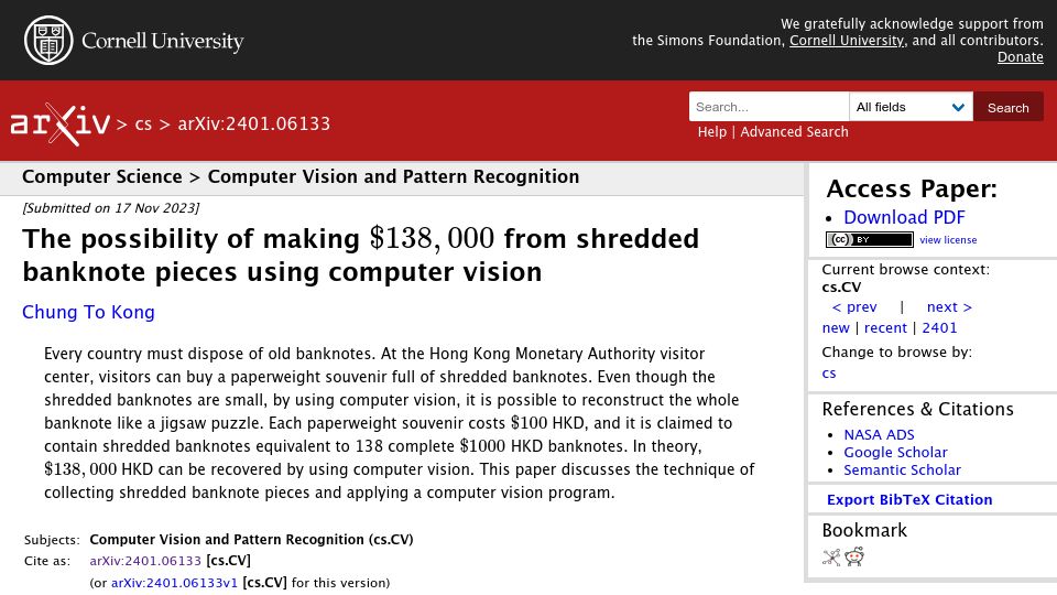 Screenshot of arxiv.org: The possibility of making money from shredded banknotes using computer vision