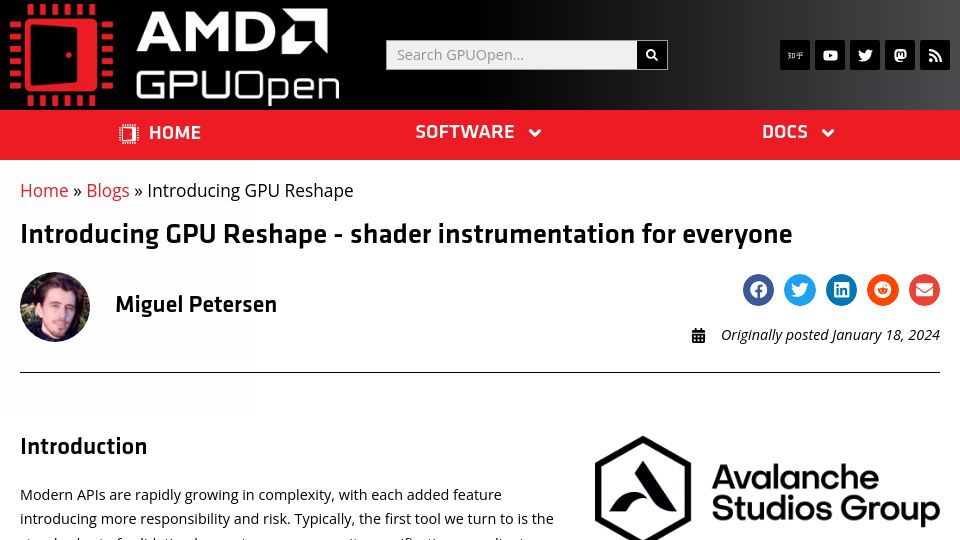 Screenshot of gpuopen.com: GPU Reshape – shader instrumentation for everyone