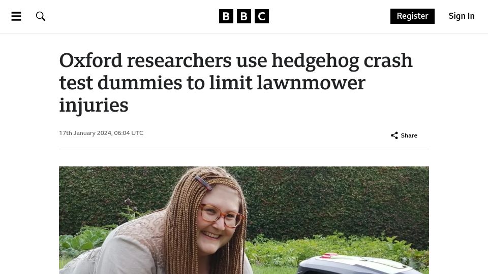Screenshot of bbc.co.uk: Oxford researchers use hedgehog crash test dummies to limit lawnmower injuries