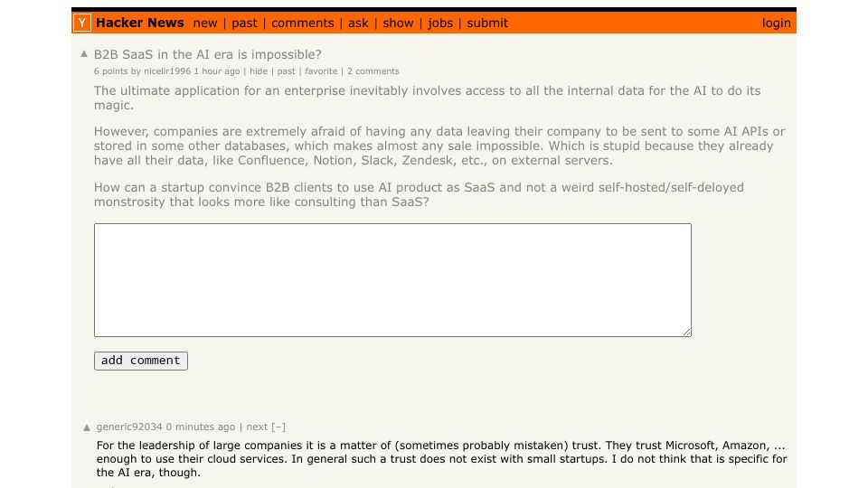 Screenshot of Hacker News post: B2B SaaS in the AI era is impossible?