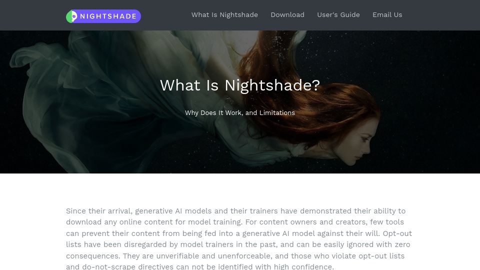 Screenshot of nightshade.cs.uchicago.edu: Nightshade: An offensive tool for artists against AI art generators