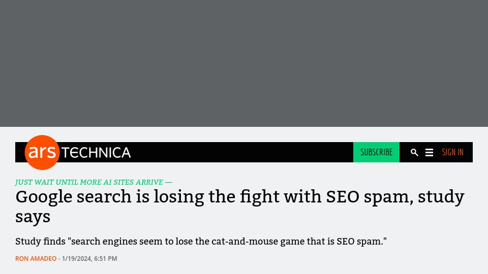 Screenshot of arstechnica.com: Google search is losing the fight with SEO spam, study says