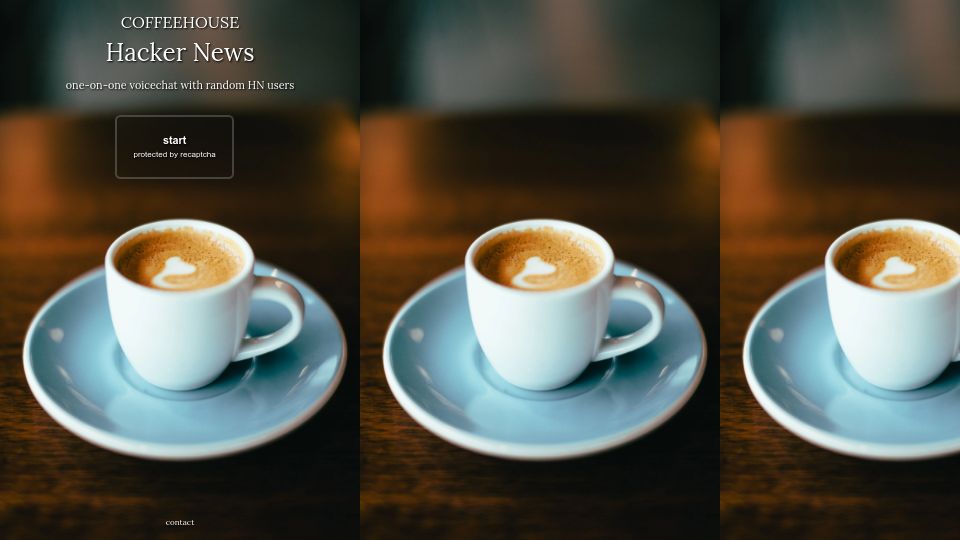 Screenshot of coffeehouse.chat: Show HN: Coffeehouse, one-on-one voicechat with random HN users