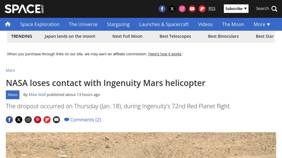 Screenshot of space.com: NASA loses contact with Ingenuity Mars helicopter