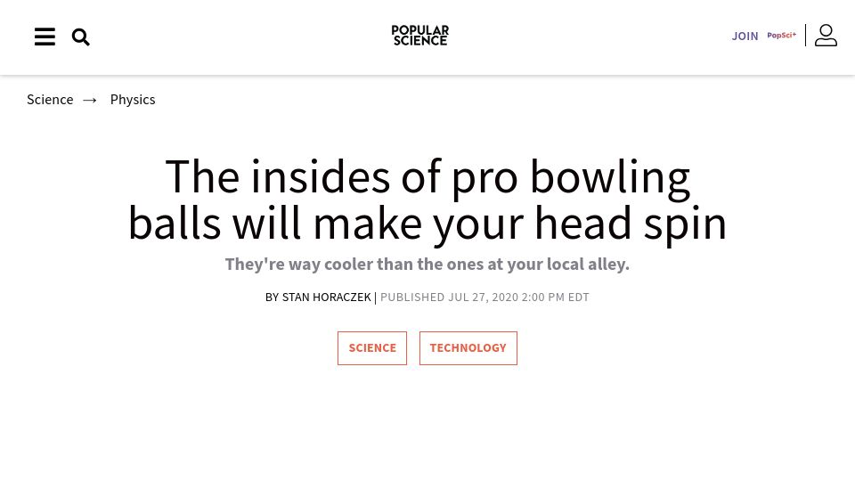 Screenshot of popsci.com: The insides of pro bowling balls (2020)
