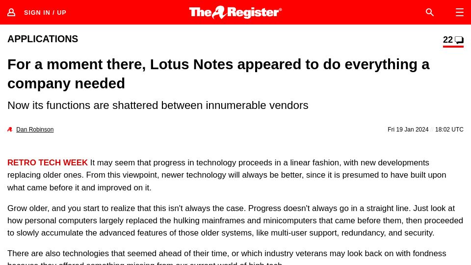 Screenshot of theregister.com: For a moment there, Lotus Notes appeared to do everything a company needed