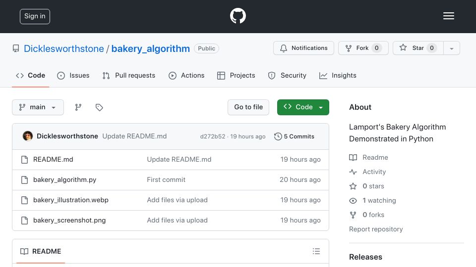 Screenshot of github.com: Lamport's Bakery algorithm, demonstrated in Python