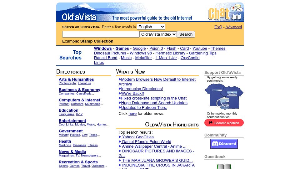 Screenshot of oldavista.com: Old'aVista, a Guide to the Old Internet