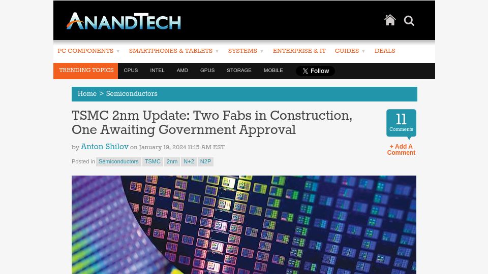 Screenshot of anandtech.com: TSMC 2nm Update: Two Fabs in Construction, One Awaiting Government Approval