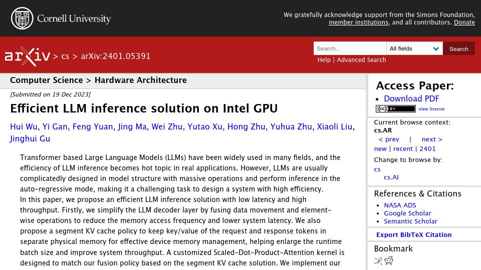 Screenshot of arxiv.org: Efficient LLM inference solution on Intel GPU