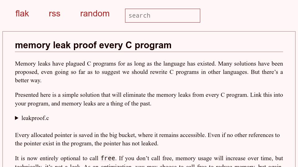 Screenshot of flak.tedunangst.com: Memory leak proof every C program