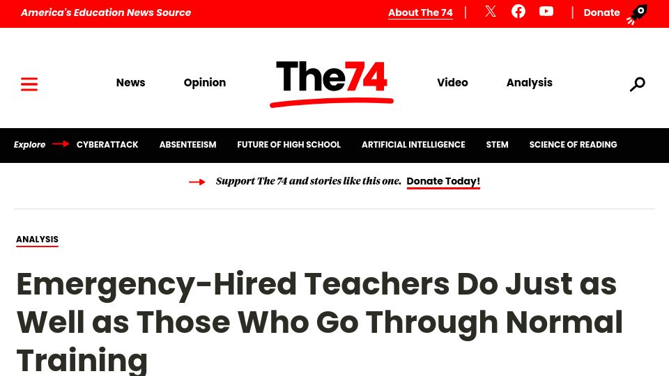 Screenshot of the74million.org: Emergency-hired teachers without degrees as effective as licensed educators