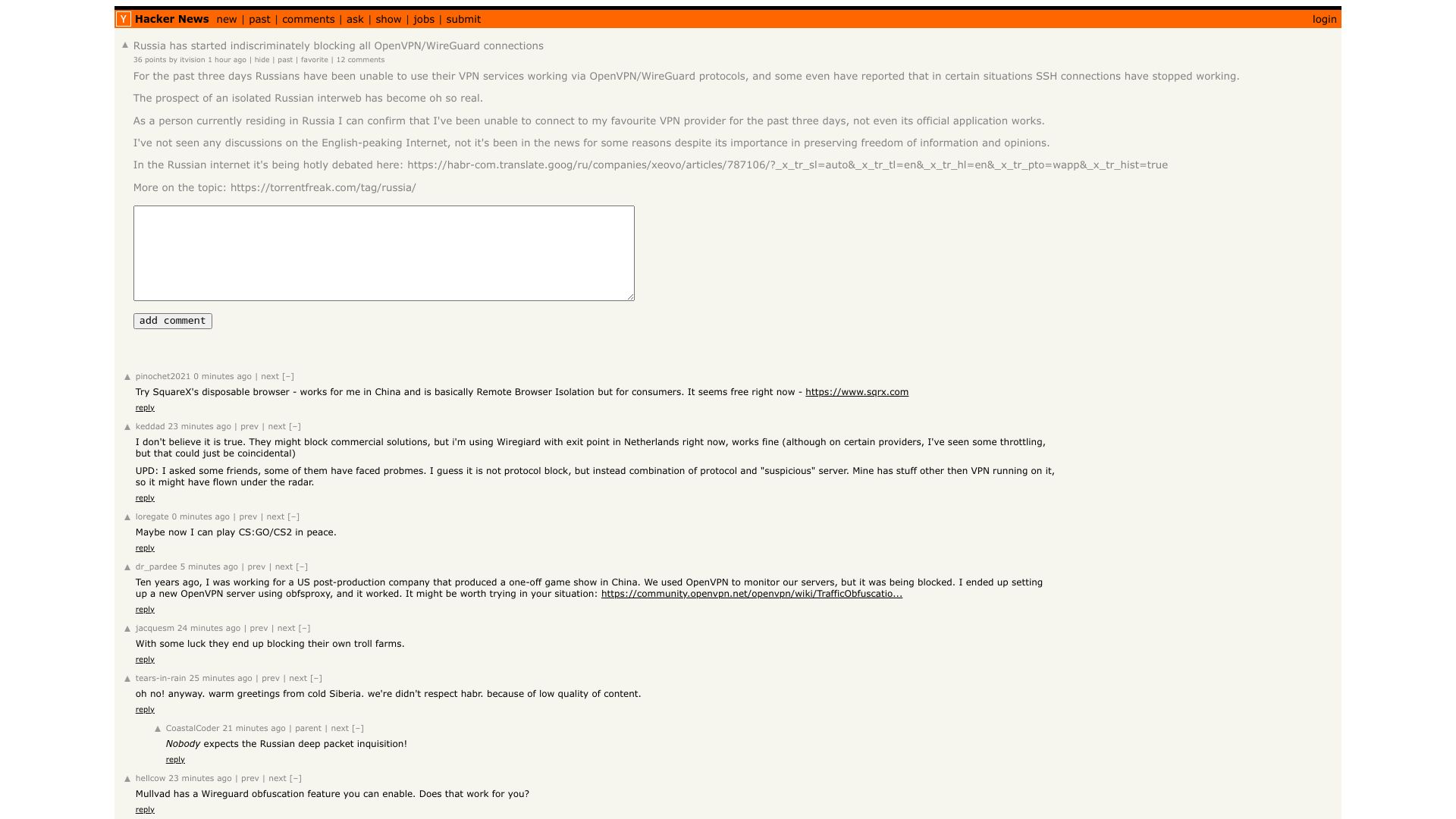 Screenshot of this Hacker News post: Tell HN: Russia has started blocking all OpenVPN/WireGuard connections