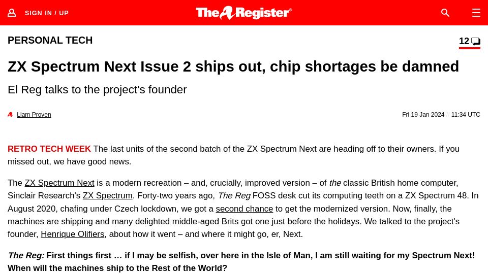 Screenshot of theregister.com: ZX Spectrum Next Issue 2 ships out, and El Reg talks to the project founder
