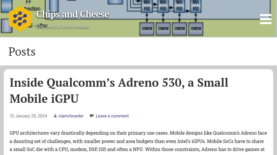 Screenshot of chipsandcheese.com: Qualcomm's Adreno 530, a Small Mobile iGPU
