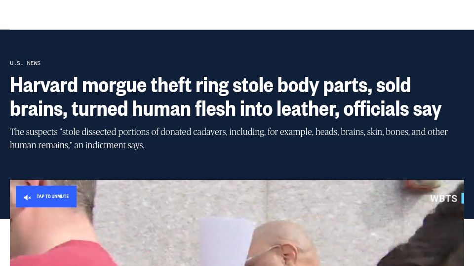 Screenshot of nbcnews.com: Harvard morgue theft ring stole body parts, sold brains, flesh->leather