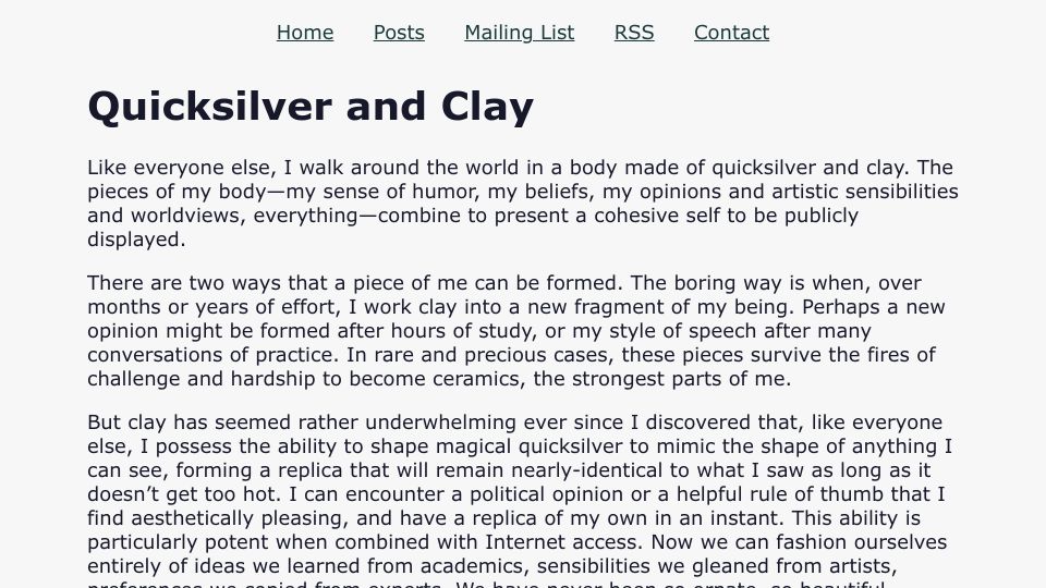 Screenshot of stevenscrawls.com: Quicksilver and Clay