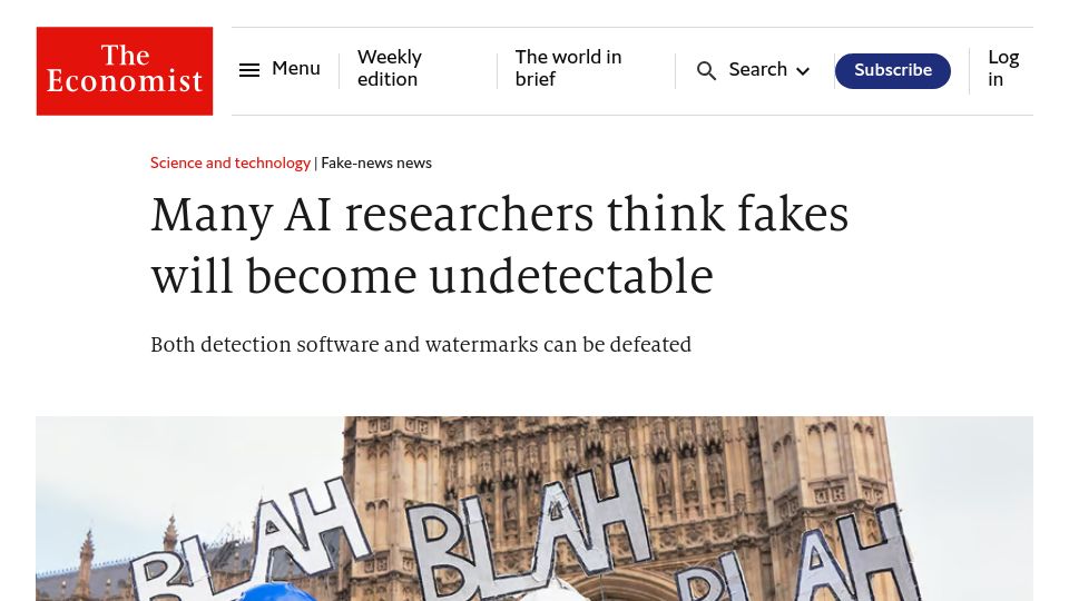 Screenshot of economist.com: Many AI researchers think fakes will become undetectable