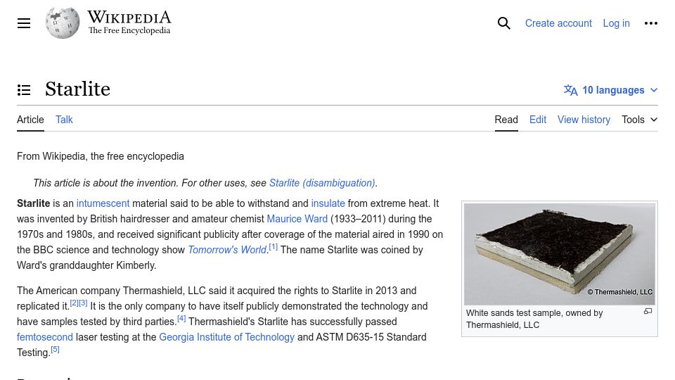 Screenshot of en.wikipedia.org: Starlite