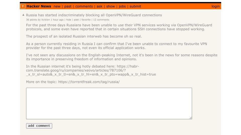 Screenshot of Hacker News post: Tell HN: Russia has started blocking all OpenVPN/WireGuard connections