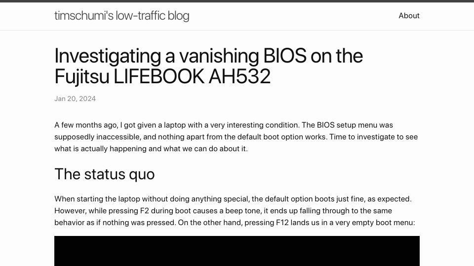 Screenshot of blog.timschumi.net: Investigating a vanishing BIOS on the Fujitsu Lifebook AH532
