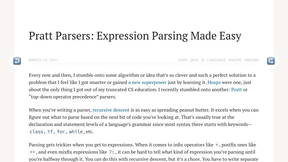 Screenshot of journal.stuffwithstuff.com: Pratt Parsers: Expression Parsing Made Easy (2011)