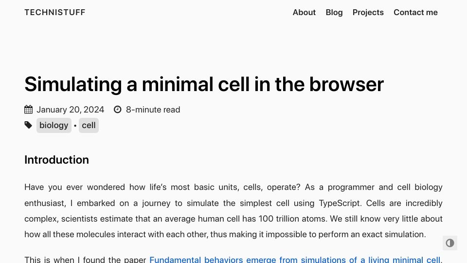 Screenshot of technistuff.com: Simulating a minimal cell in the browser