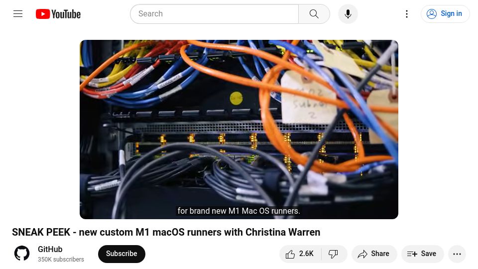 Screenshot of youtube.com: Tour of new custom M1 macOS runners racks with Christina Warren [video]