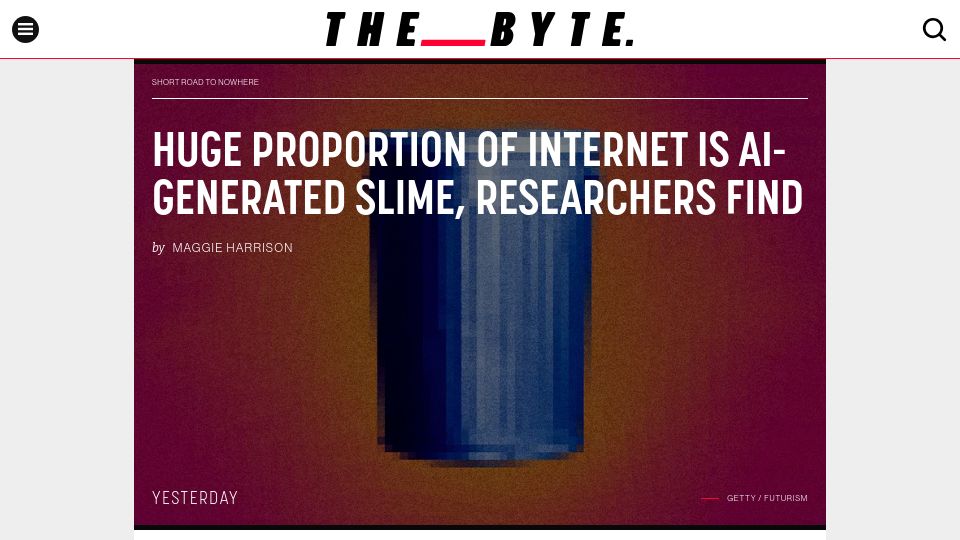 Screenshot of futurism.com: Huge proportion of internet is AI-generated slime, researchers find