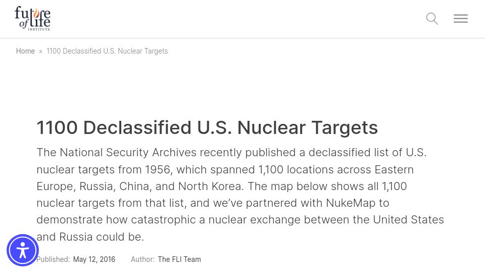 Screenshot of futureoflife.org: 1,100 Declassified U.S. Nuclear Targets
