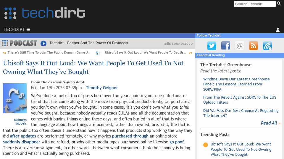 Screenshot of techdirt.com: Ubisoft Says Out Loud: We Want People to Get Used to Not Owning What They Bought