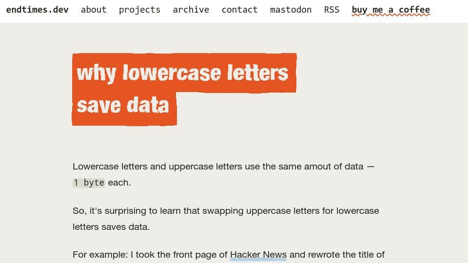 Screenshot of endtimes.dev: Lowercase letters save data