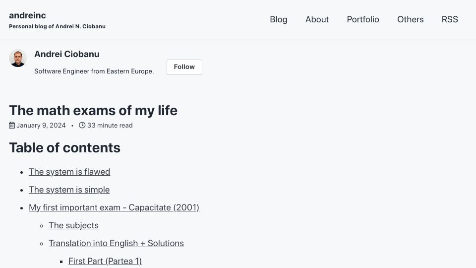 Screenshot of andreinc.net: The math exams of my life