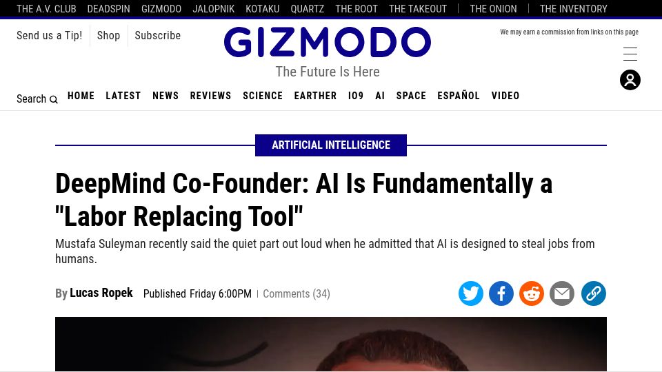 Screenshot of gizmodo.com: DeepMind Co-Founder: AI Is Fundamentally a "Labor Replacing Tool"