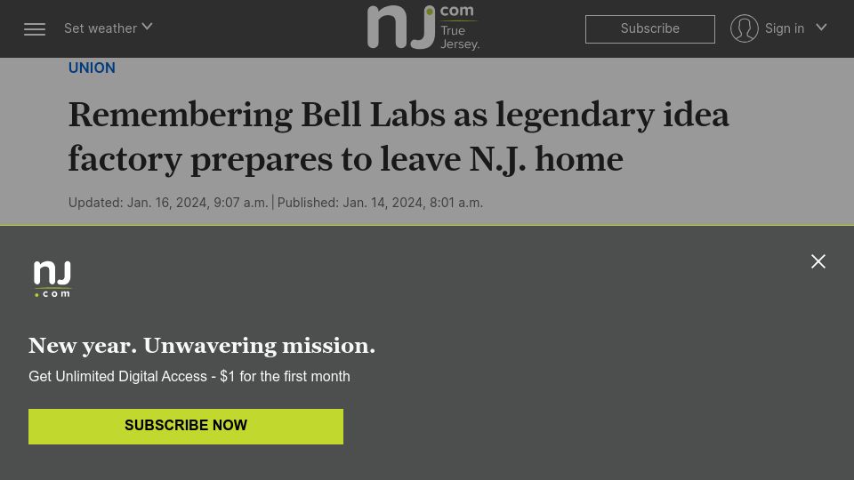 Screenshot of nj.com: Remembering Bell Labs as legendary idea factory prepares to leave N.J. home